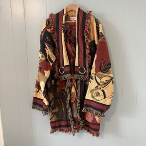 Vintage Equestrian Tapestry Blanket Sweater Coat Fringe Western Earth Tone Large